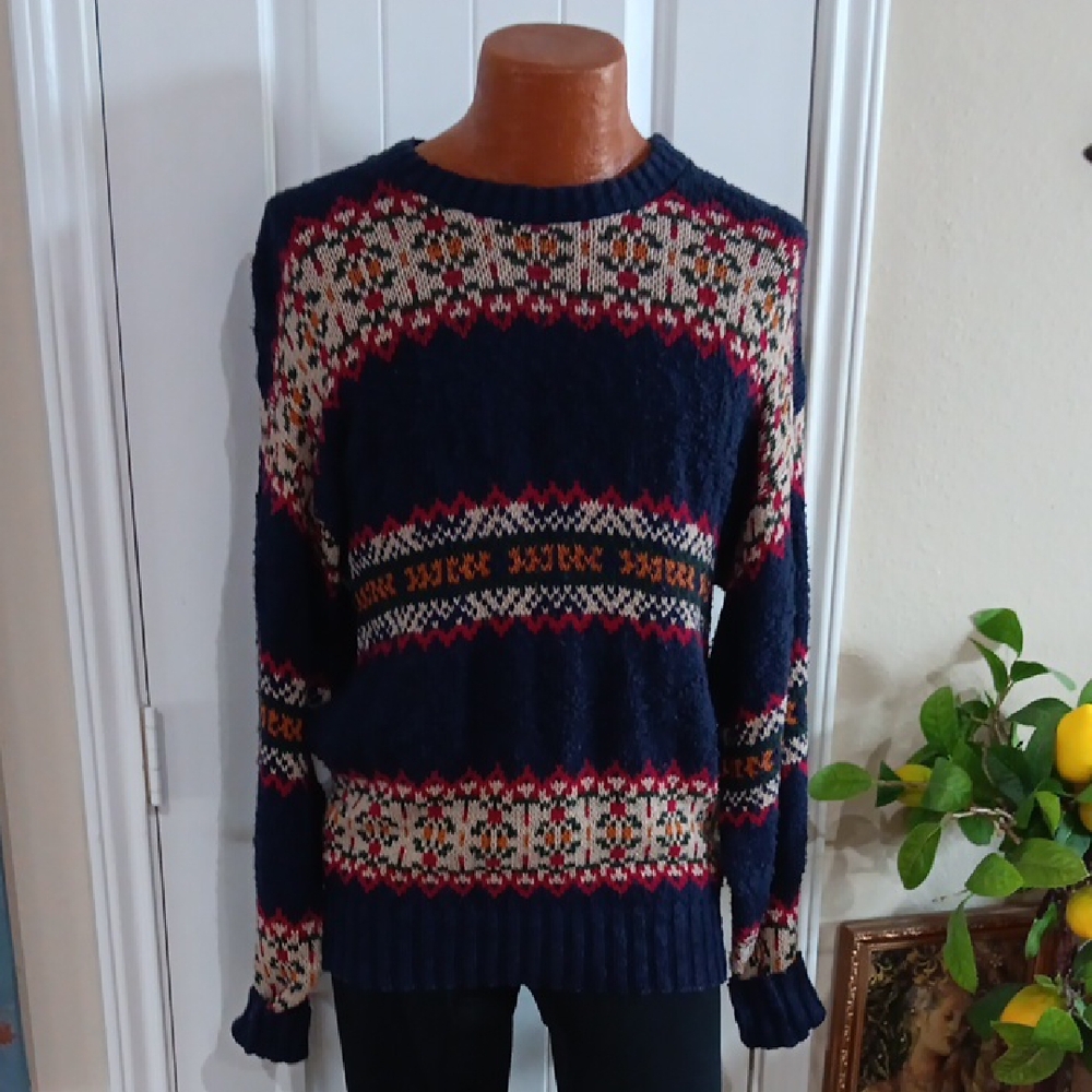 Nvy + Multi Fair Isle Crew Neck Sweater Vtg USA Unisex